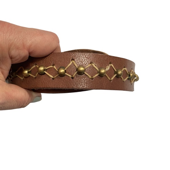 Vintage Brown Leather Belt Brass Studs Studded Boho Unique L XL - Picture 4 of 7